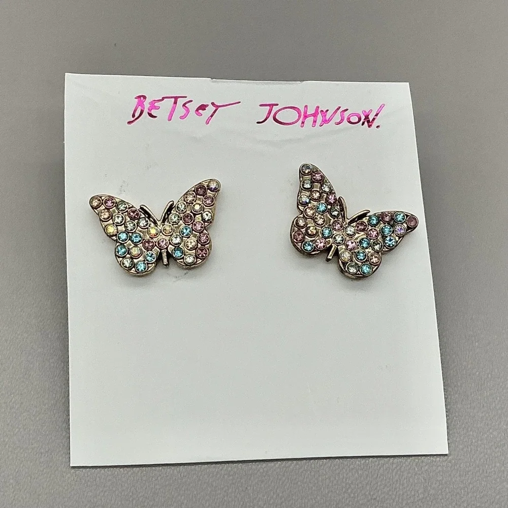 Betsey Johnson Earrings Butterfly Stud Multicolor Rhinestone Sparkle Jewelry